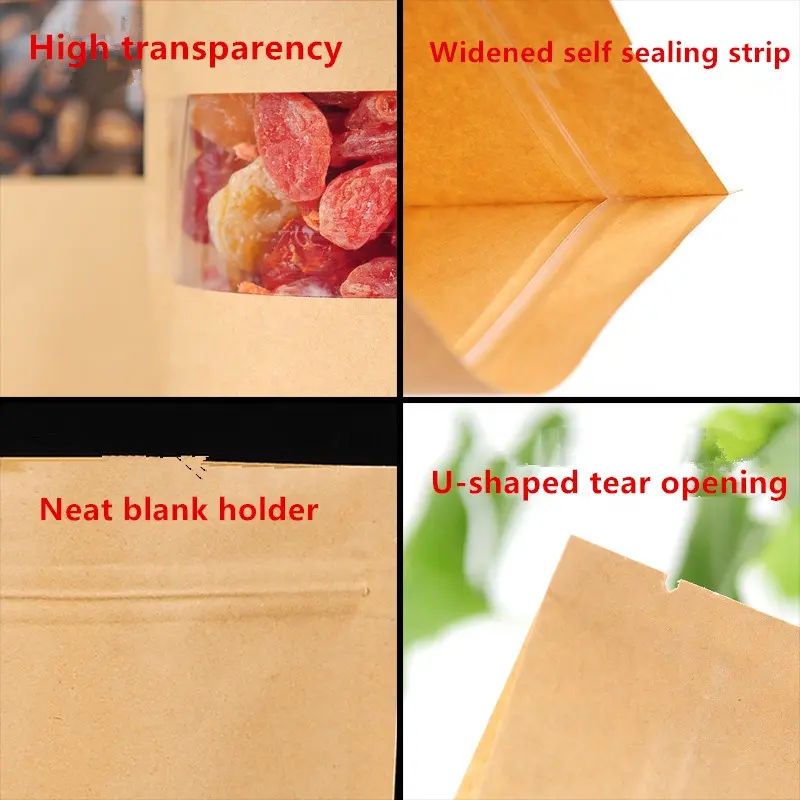 Custom Printed Ziplock Kraft Paper Stand up Pouch Food Packaging Bag with Zipper and Window