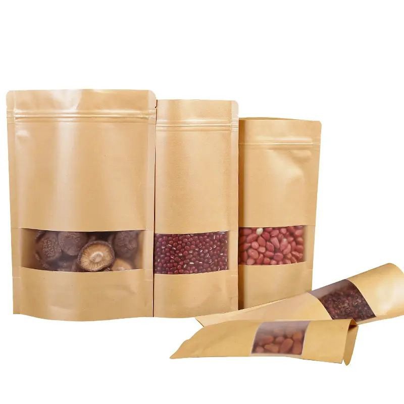 Best Eco-Friendly Kraft Paper Bags For Food Packaging With Window Zipper wholesale