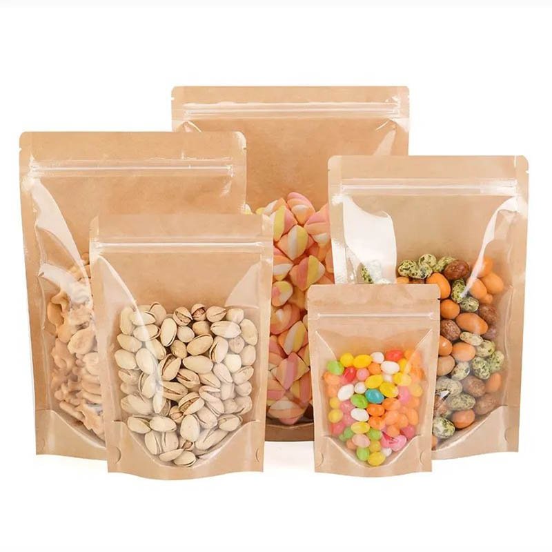 Eco-Friendly Kraft Paper Bags For Food Packaging With Window Zipper